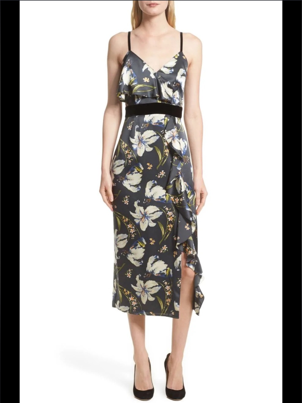 Cinq a Sept Leena Floral Print Ruffle Midi Dress